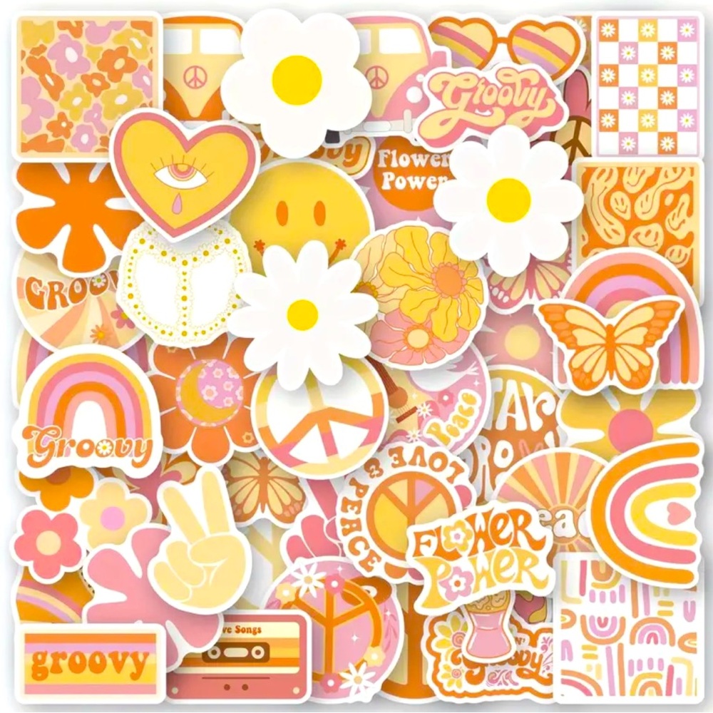 Set of 50 Groovy Hippie Boho Stickers Flower Power 70s  Peace Sign Rainbows